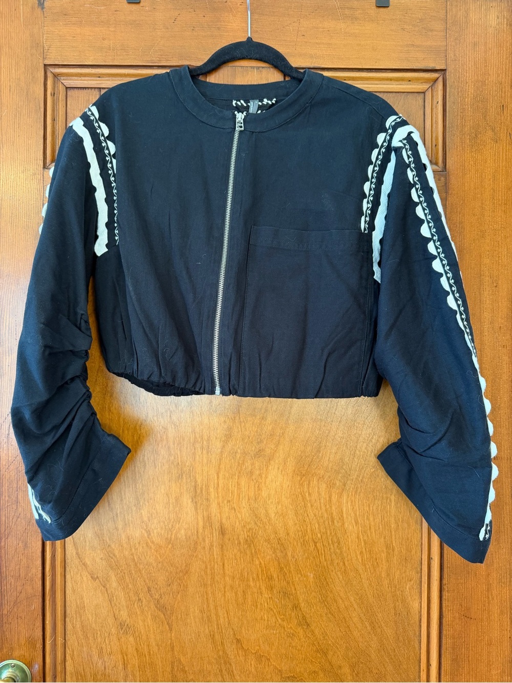 Anthropologie Black Cropped Bomber Jacket with White Trim